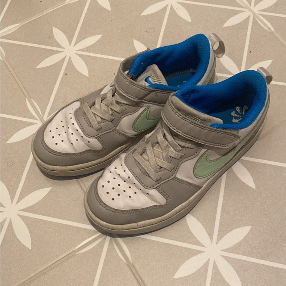 Nike Kids Gray Sneakers with Green and Blue Accents